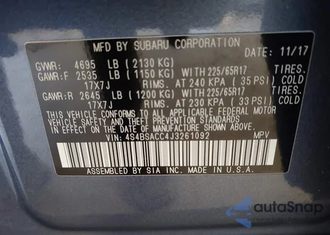 2018 Subaru Outback 2.5I Premium from USA, damaged, VIN 4S4BSACC4J3261092